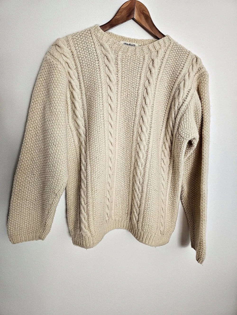 Vintage 100% Wool Ellen Tracy Cable Knit Crewneck Sweater Cream Ecru Size L